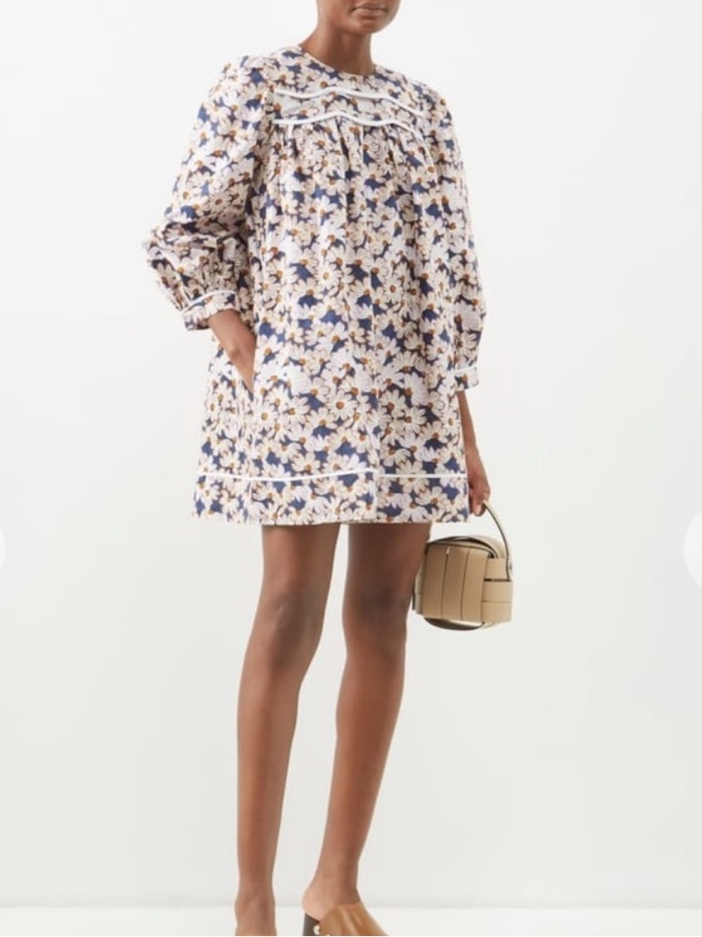 Batsheva Floral Daisy Dress Poplin Long Sleeve Mini Esme Cotton Blue Pink Size 2
